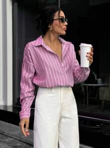 EURMUSE WOMAN BLUE AND WHITE LINED POPLIN BLOUSE - Pink - View 6