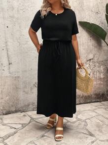 EMERY ROSE Plus Size Elastic Striped Cinched Waist Long Dress For Women, Spring/Summer - Black - View 1