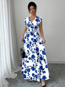 Selianne Elegant Floral Print Dress For Commute - Blue and White - View 5