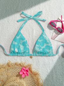 Swim Mod Plus Size Women's Summer Tropical Floral Decorated Fashionable Energetic Halter Tankini Top - Mint Green - View 2
