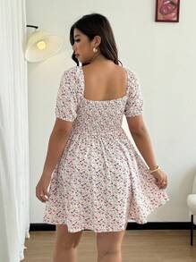 Flirla 大码女式方领泡泡袖印花迷你连衣裙 - 杏色 - 查看 2