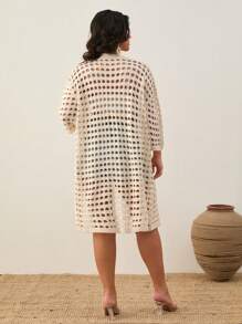 EURMUSE Drop Shoulder Open Knit Duster Cardigan - Beige - View 2