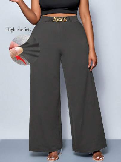 SOLERSUN 大码女式纯色腰带细节阔腿裤、裤子、四季款式、派对、音乐会、通勤日常款式、音乐节、浪漫、情人节、度假