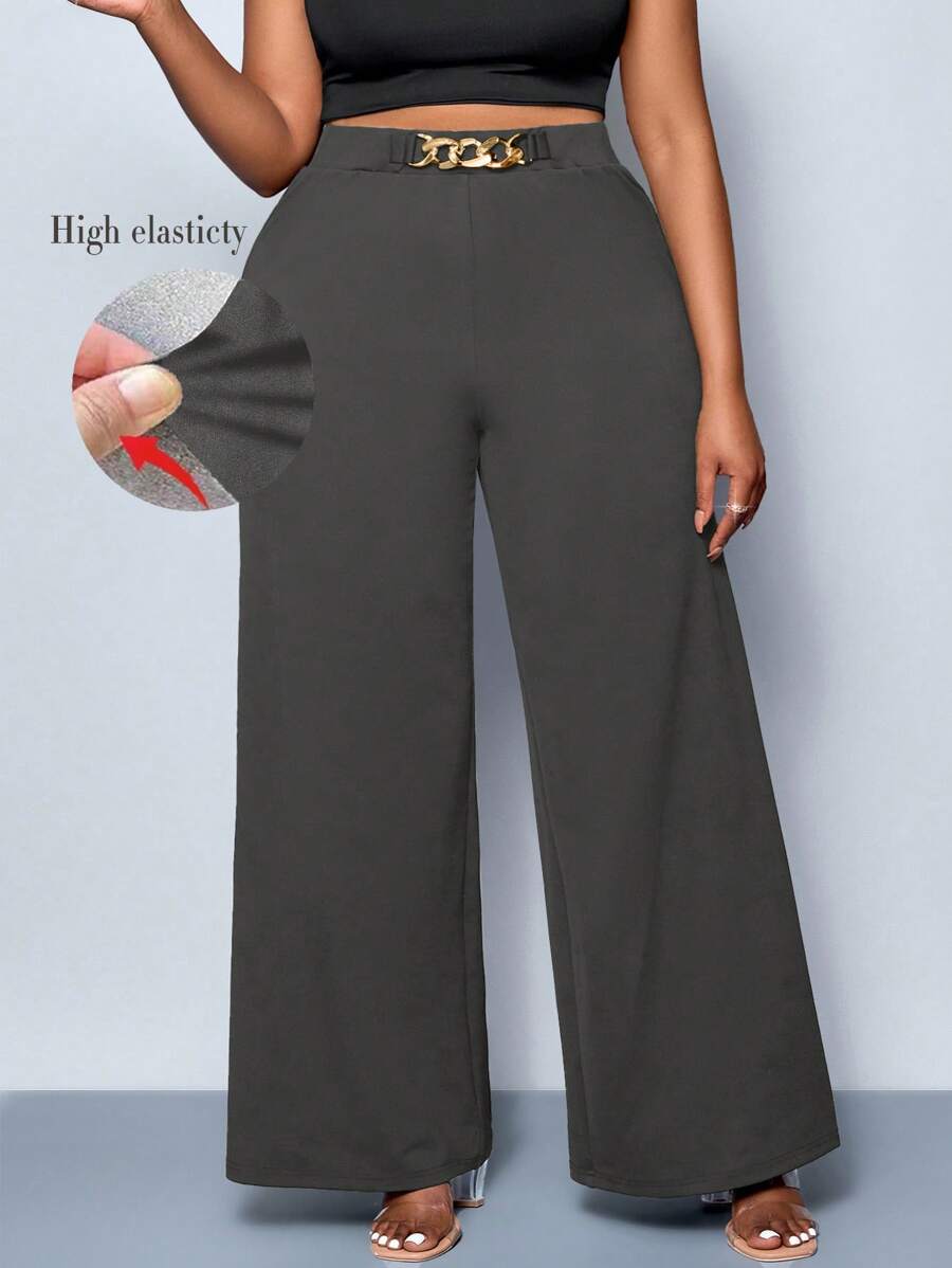 SOLERSUN 大码女式纯色腰带细节阔腿裤、裤子、四季款式、派对、音乐会、通勤日常款式、音乐节、浪漫、情人节、度假 - 灰色 - 查看 1