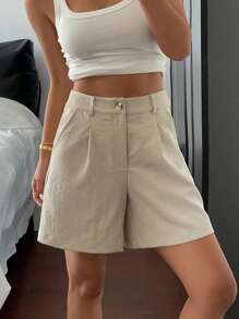 DAZY Solid Color Casual Straight Pockets Women Summer Shorts - Khaki - View 5