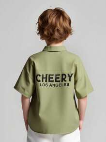 SHEIN Tween Boy Olive Green Back Letter Print Short Sleeve Shirt - Army Green - View 1