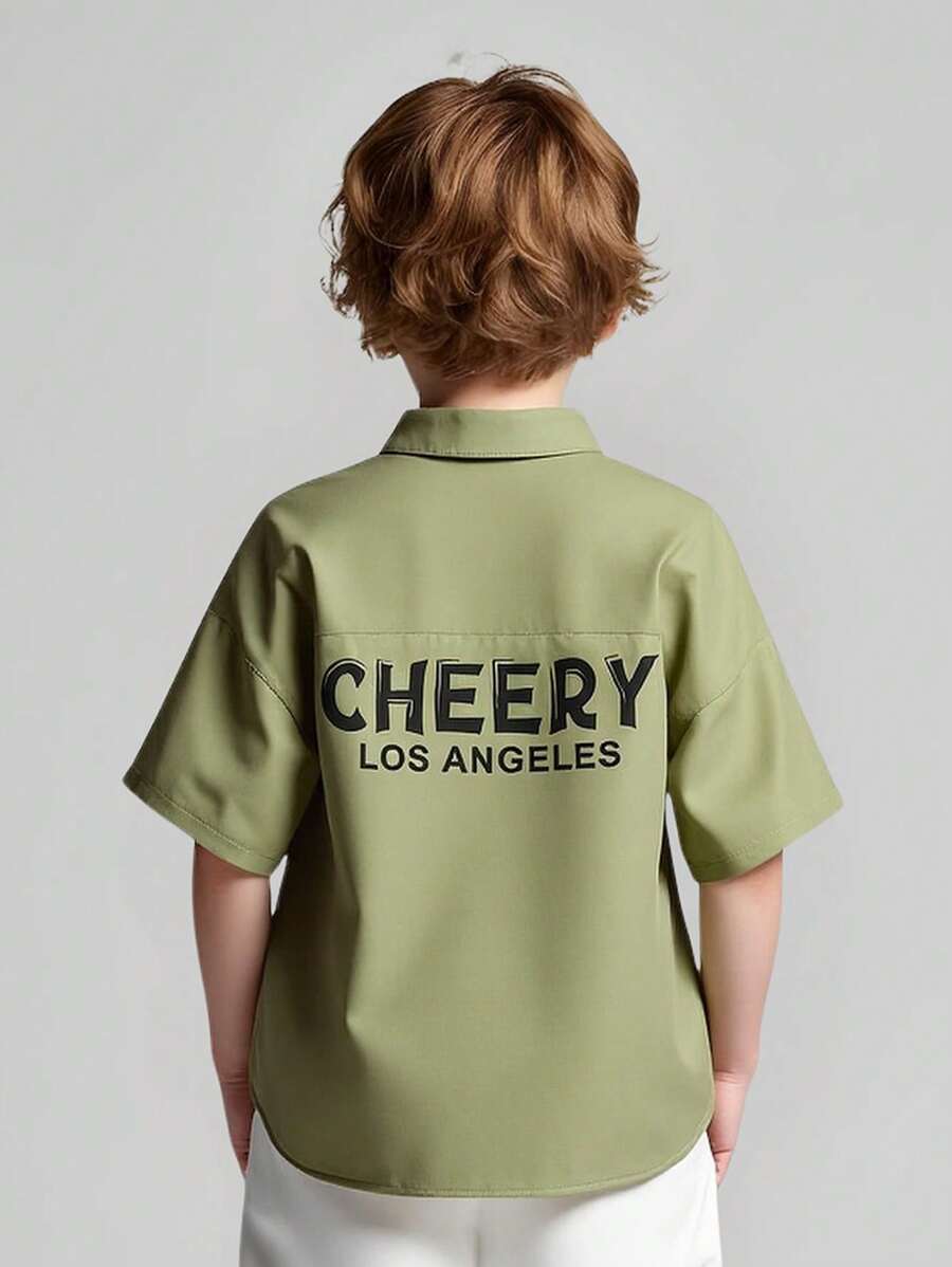 SHEIN Tween Boy Olive Green Back Letter Print Short Sleeve Shirt - Army Green - View 1