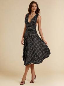 SHEIN BAE 女士针织休闲度假 V 领无袖褶皱 A 字型波点印花连衣裙，夏季/复活节女士连衣裙/舞会礼服/女士夏季服装/女士连衣裙/毕业礼服/婚礼宾客礼服女士夏季连衣裙/复活节 - 黑色 - 查看 6
