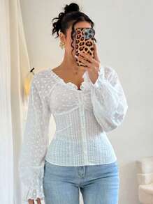 Chiquease Ausgeschnittene Stickerei Chiffon Puffärmel Herzausschnitt Langarm süße Urlaubsbluse für Frauen