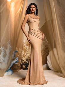 Glamrae Elegant & Luxurious Sequin Knitted Satin Ruched Mermaid Hem Dress,Heavy Embellished Evening Gown For Wedding Guest,Party,Prom,Formal Occasions - Gold - View 7