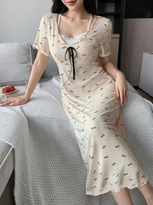 DAZY Mixed Color Polka Dot Print Bow Decor 2 In 1 Nightgown Pajama