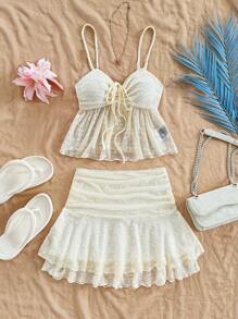 Soleia 2pcs Set: Women's Textured Drawstring Bust & Ruffle Hem Cami Top And Layered Ruffle Mini Skirt, Fitted Slim Silhouette, Vacation, Party, Date, Afternoon Tea, Back To School, Graduation, Beach Outfit Boho - Beige - View 7