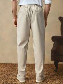 Manfinity VCAY 男士意大利风格日常通勤休闲度假松紧腰休闲裤，浅卡其色竹纤维混纺修身款 - 卡其色 - 查看 2