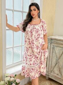 CottageSlumber Plus Size Floral Print Ruffled Collar Short Sleeve Lace Patchwork Ruffle Hem Nightgown Babydoll PerfectSummer - Multicolor - View 1