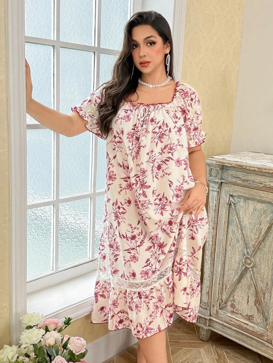CottageSlumber Plus Size Floral Print Ruffled Collar Short Sleeve Lace Patchwork Ruffle Hem Nightgown Babydoll PerfectSummer - Multicolor - View 1