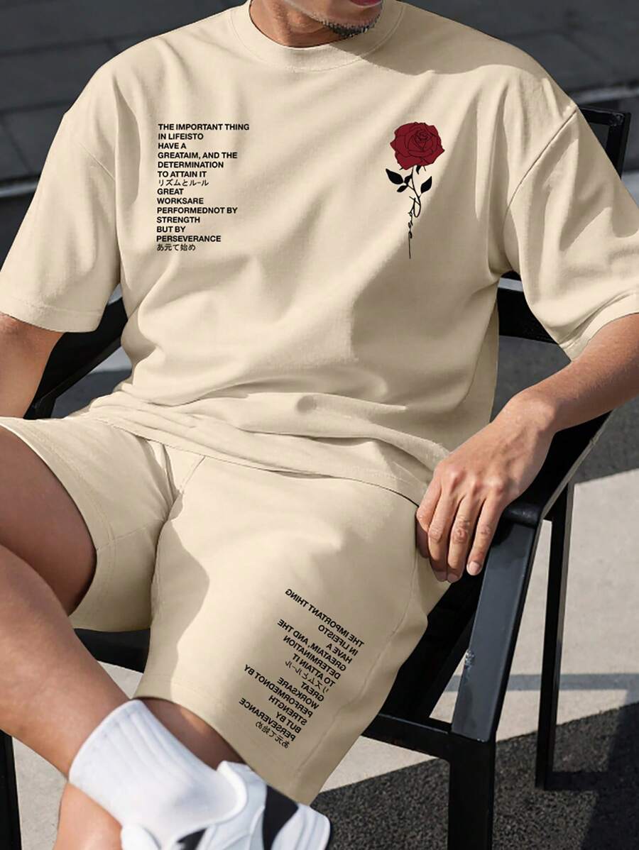 Manfinity Homme 男士标语花卉印花短袖圆领休闲 T 恤和抽绳腰短裤套装，舒适服装