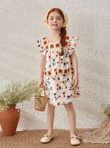 Blossori Kleine Mädchen Französischer eleganter gelber Blumenkleid, Ärmellos, Frühling/Sommer - Verschiedenfarbig - Übersicht 4