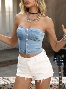 SHEIN LUNE 女士前扣短款牛仔抹胸上衣，适合音乐节 - 淺色水洗藍 - 查看 5