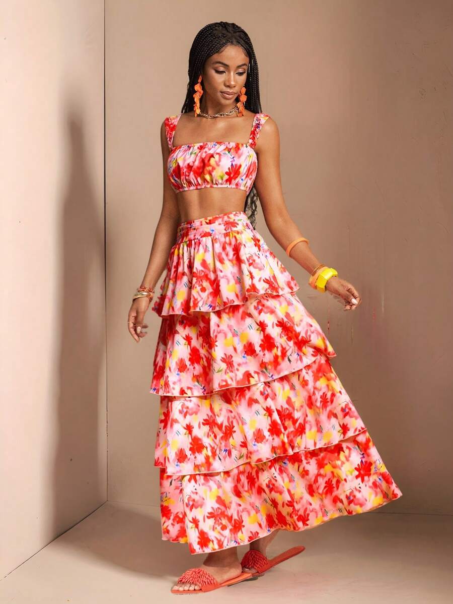 Slaydiva Neues Frühlings- und Sommerurlaubs-sexy trägerloses Oberteil + mehrlagiger Vintage-Blumenrock, zweiteiliges Damenset - B