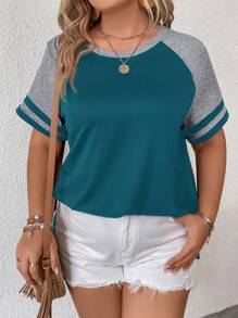 EMERY ROSE Plus Size Short Sleeve Round Neck Simple Fashion T-Shirt, Suitable For Summer - Teal Blue - View 4