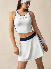 VARSITIE 女士夏季字母印花短款背心和迷你裙运动套装 - 白色 - 查看 3