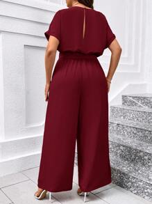 SHEIN Clasi Plus Size Elegant Scoop Neck Romper With Waist Belt And Wide Leg Plus Size Christmas Burgundy - Burgundy - View 2