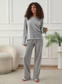 EURMUSE 2pcs Cotton Contrast Colour Piping With Slit Detail Homewear Set - Light Grey - View 5
