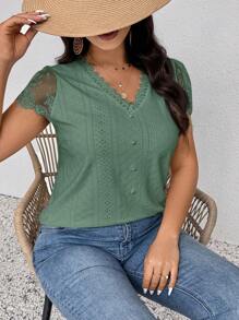 SHEIN Frenchy T-shirt oversize en couleur unie avec patchwork en dentelle - Vert menthe - Voir 1
