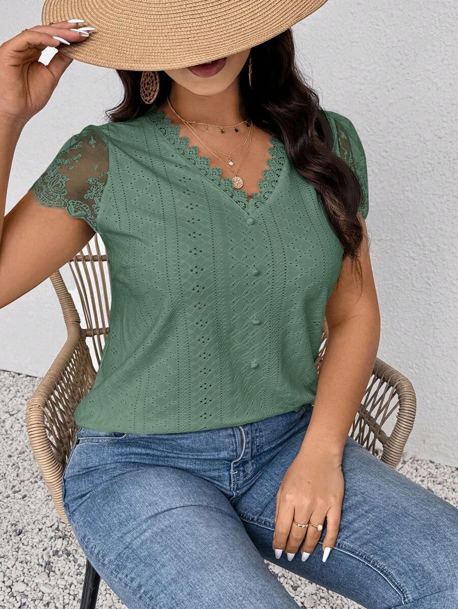 SHEIN Frenchy T-shirt oversize en couleur unie avec patchwork en dentelle - Vert menthe - Voir 1