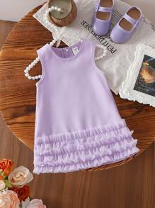 SHEIN Vestido sin mangas de verano 2025 morado para niña con volante de tul en el bajo, look lindo - Púrpura malva - Ver 2
