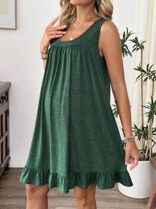 SHEIN Maternity Solid Color Round Neck Ruffle Hem Sleeveless Casual Dress - Dark Green - View 4
