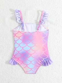 SHEIN Baby Girl Mermaid Scale Print Flutter Trim/One Piece Swimsuit - Multicolor - View 2