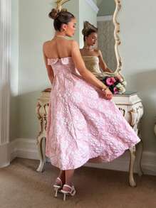 SHEIN PETITE Áo crop top hở lưng gợi cảm vải dệt họa tiết váy dạ hội đầu xuân mới, trang phục nghỉ dưỡng có dải chống trượt, cạp chun sau lưng, thiết kế viền loe, dài đến giữa bắp chân dành cho quý cô - Hồng - Xem 2