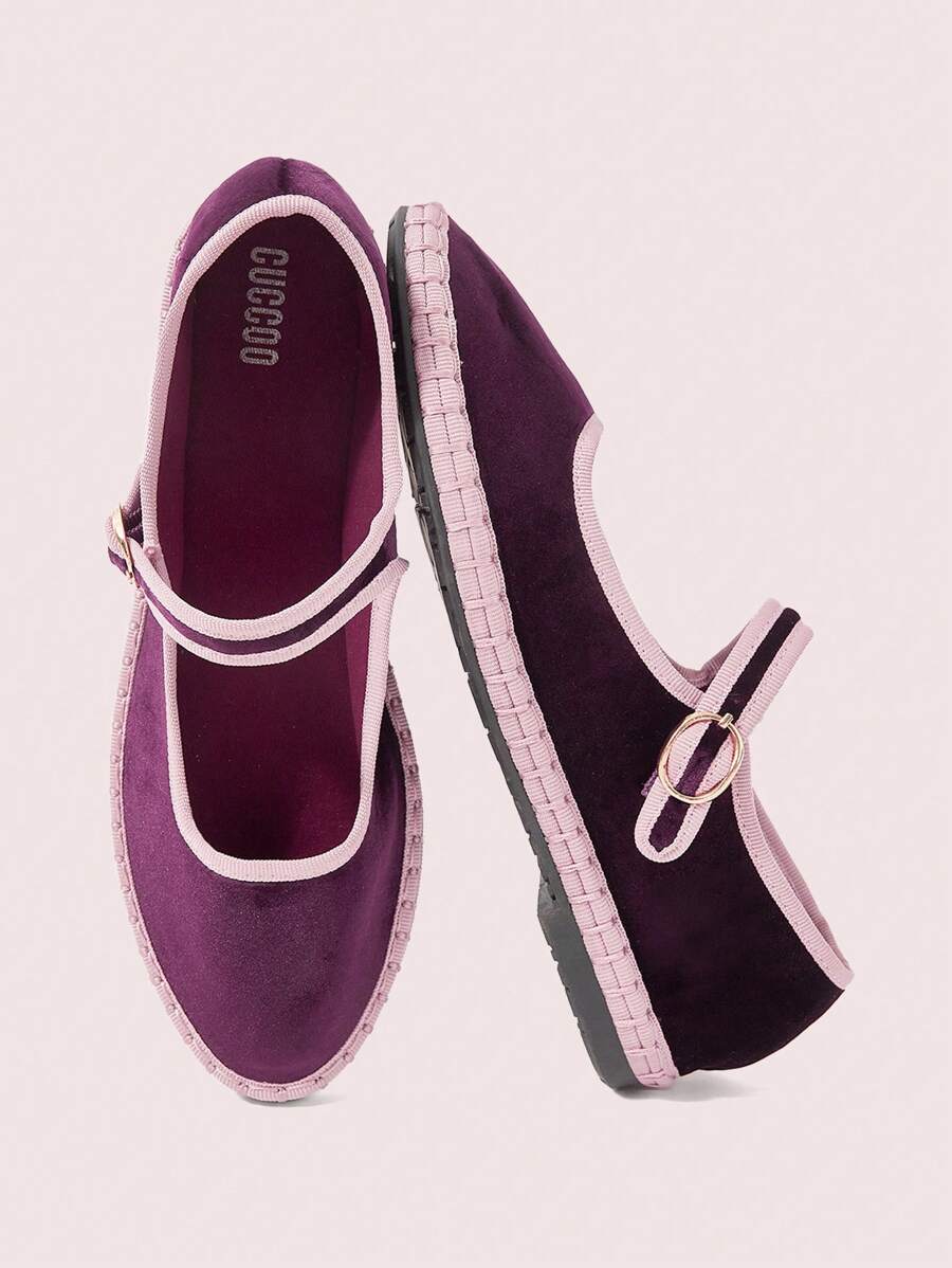 CUCCOO DOLLMOD Zapatos planos de estilo Mary Jane de terciopelo clásico y cómodo para mujer, color morado elegante - Morado - Ver 1