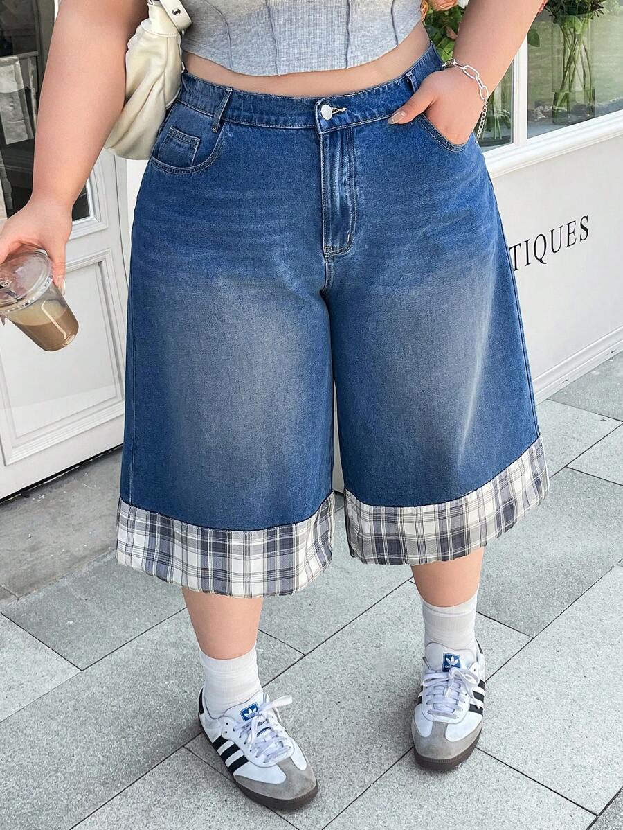 SHEIN EZwear Plus Size Women Loose Fit Denim Patchwork Plaid 3/4 Pants, Casual And Stylish - Medium Wash - View 1