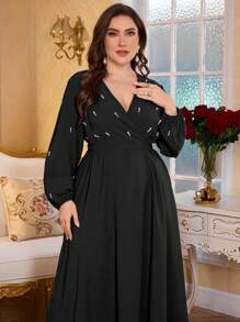 Modelyn Plus Size Women Elegant Cross Neck Beaded Lantern Sleeve Dress - Black - View 1