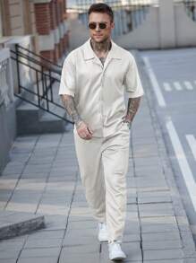 Manfinity Homme 男士华夫格纹理衬衫和裤子休闲套装