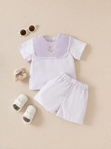 SHEIN 2 件套男婴时尚可爱夏季服装套装 - 紫色 - 查看 1