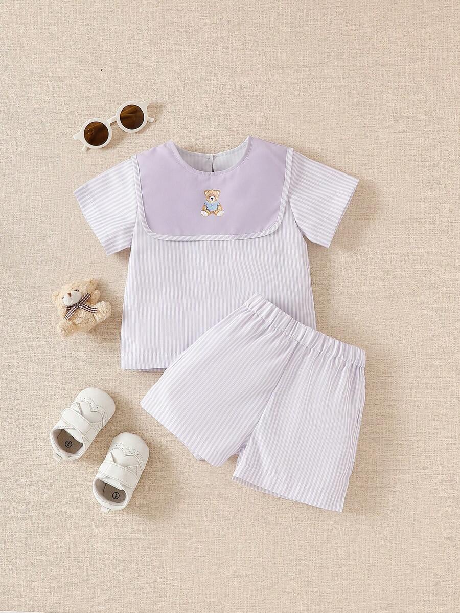 SHEIN 2 件套男婴时尚可爱夏季服装套装 - 紫色 - 查看 1