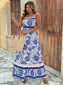 Breezaya Plus Size Women's Spring/Summer Striped Blue & White Floral Print Slip Dress - Blue - View 3