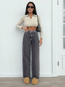 EURMUSE Casual Distressed High Waist Straight Leg Jeans - Light Grey - View 3