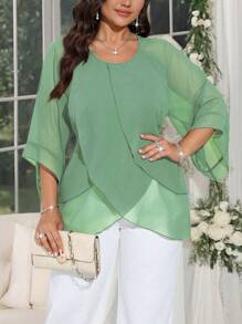 SHEIN Clasi Áo sơ mi đơn giản nhiều lớp thời trang nữ cỡ lớn - màu xanh lá - Xem 4