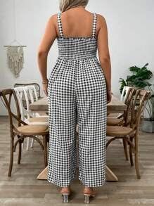 SHEIN Clasi Plus Size Plaid Printed Sleeveless Jumpsuit, Summer Resort Style - Black - View 2