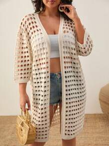 EURMUSE Drop Shoulder Open Knit Duster Cardigan - Beige - View 5