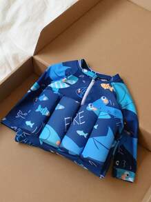 SHEIN Baby Boys/Girls Blue Cartoon Dinosaur Print Soft Knitted Round Neck Long Sleeve Buoyancy Swimsuit, Suitable For Beach, Swimming Pool, And Vacation