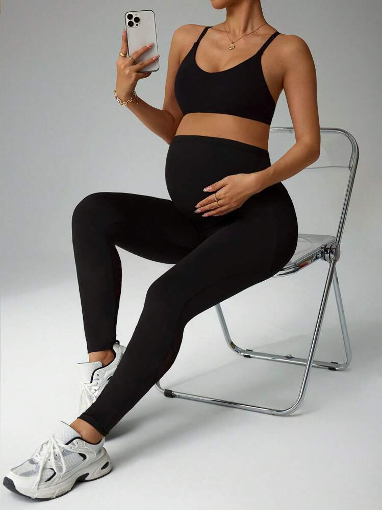 SHEIN 孕妇装新款纯色时尚修身撞色网眼可调节腰部户外运动女裤 - 黑色 - 查看 1