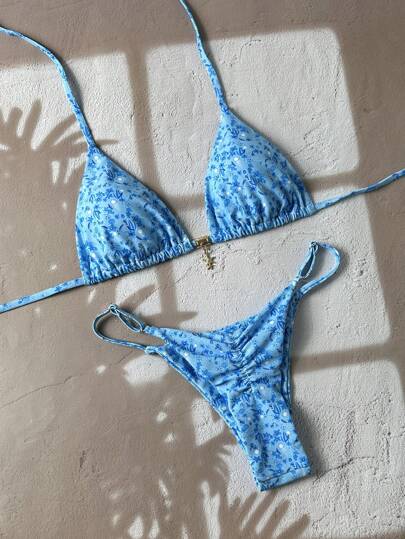 Swim Vcay Women Beach Summer 2 Pieces Outfits Set, Random Floral Print Spaghetti Strap Metal Decor Bikini & Thong