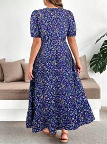 SHEIN Clasi 大码女式度假全印花短款泡泡袖休闲连衣裙 - 藍色 - 查看 2