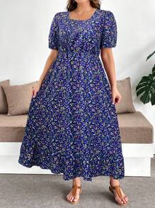 SHEIN Clasi 大码女式度假全印花短款泡泡袖休闲连衣裙 - 藍色 - 查看 4