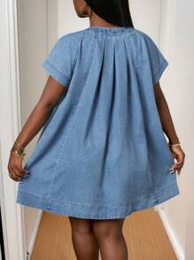 Slaydiva New Spring And Summer Casual Street Elegant Daily Date Round Neck Raglan Short Sleeves Cap Sleeves A Hem Pocket Decoration Babydoll Skirt Mini Skirt Light Wash Blue Women's Denim Dress-B - Light Wash - View 2